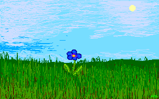 [Drawing of a flower, mountains, sky - by me, ~ 1987]